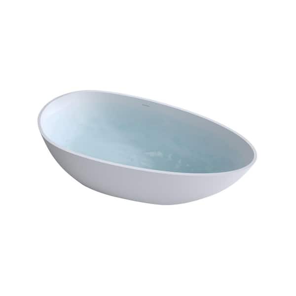 H2O Oval 59 in. x 30.7 in. Solid Surface Freestanding Soaking Bathtub with Center Drain in Matte White