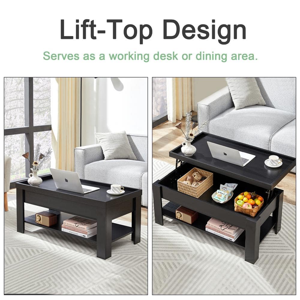 Black Metal and Wood Lift-Top Rectangular Coffee Table