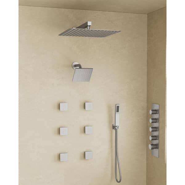 YAWWALK Thermostatic Valve 15-Spray 16 in. x 6 in. Wall Mount Dual Shower Head and Handheld Shower in Brushed Nickel