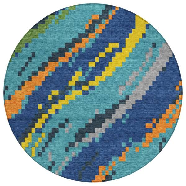 Chantille Machine Washable Indoor/Outdoor Abstract ACN2828 Teal 8 ft. x 8 ft. Round Rug
