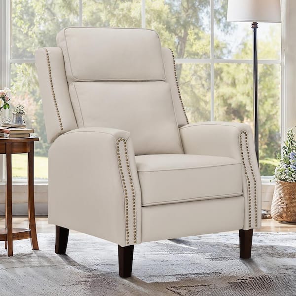 Valkyrie Grayish Beige Genuine Leather Recliner Chair Arm Chair with Nailhead Handrails and Adjustable Footrest