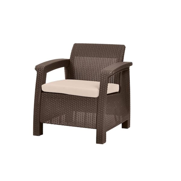Keter Corfu Brown All-Weather Resin Patio Armchair with Tan Cushions
