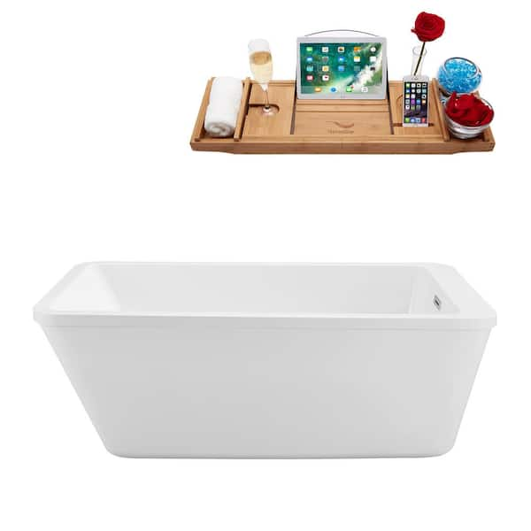 Streamline 60 in. Acrylic Flatbottom Non-Whirlpool Bathtub in Glossy White with Polished Chrome Drain and Overflow Cover