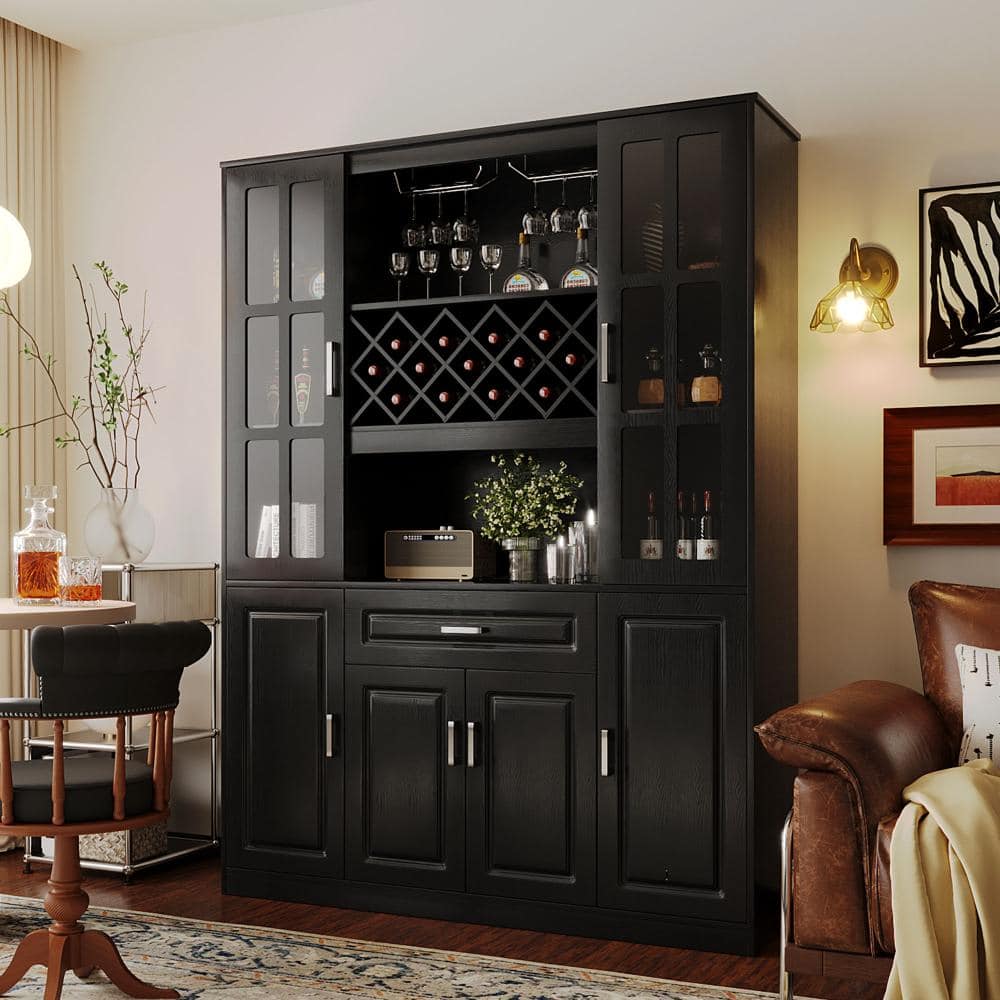 Black 54 in. W Multifunctional Wine Cabinet with Adjustable Shelves, Drawer, Wine Rack and Glass Holder