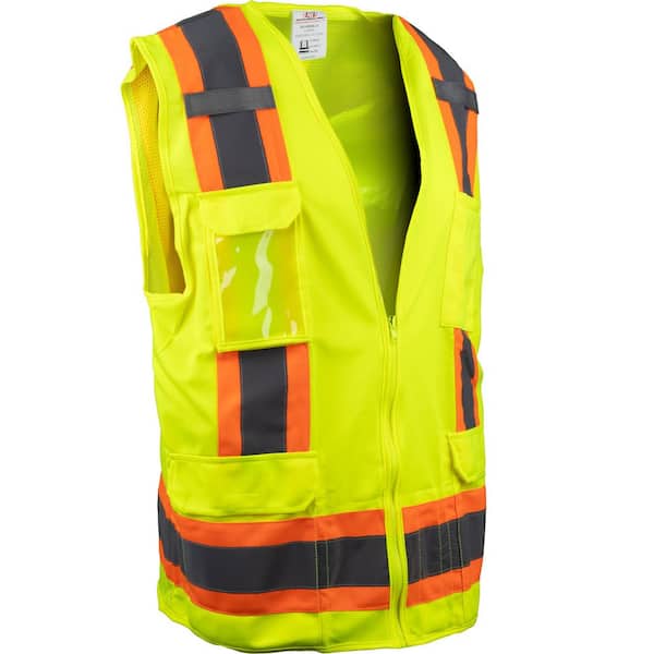 Large ANSI Type R Class 2 Hi-Vis Yellow 2-Tone 11-Pocket Surveyors Vest with Mesh Back and "D" Ring Access
