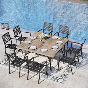 9-Piece Metal Outdoor Dining Set with Brwon Square Table and Black Elegant Stackable Chairs