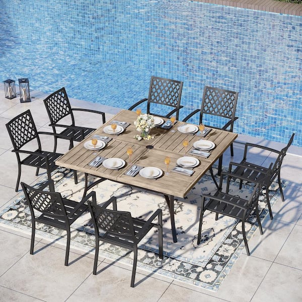 PHI VILLA 9-Piece Metal Outdoor Dining Set with Brwon Square Table and Black Elegant Stackable Chairs