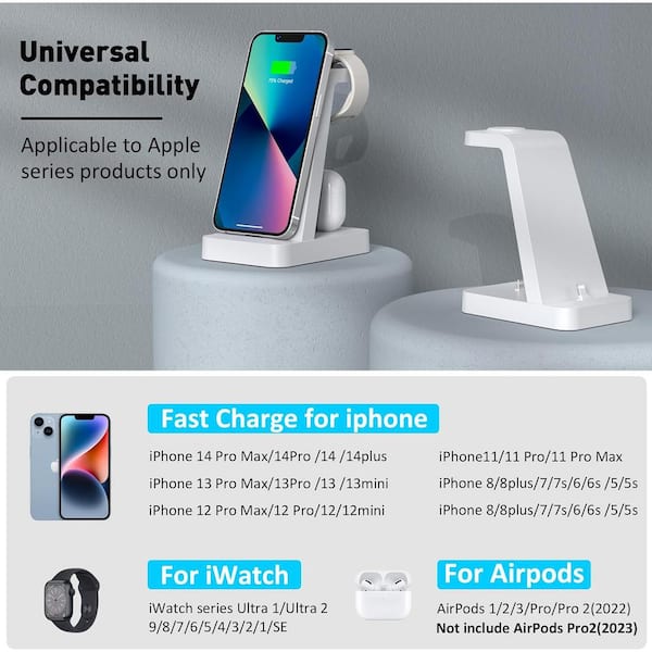White Charging Station for iPhone - 3 in 1 Wireless Charger Stand for Apple Watch Series for iPhone with Adapter