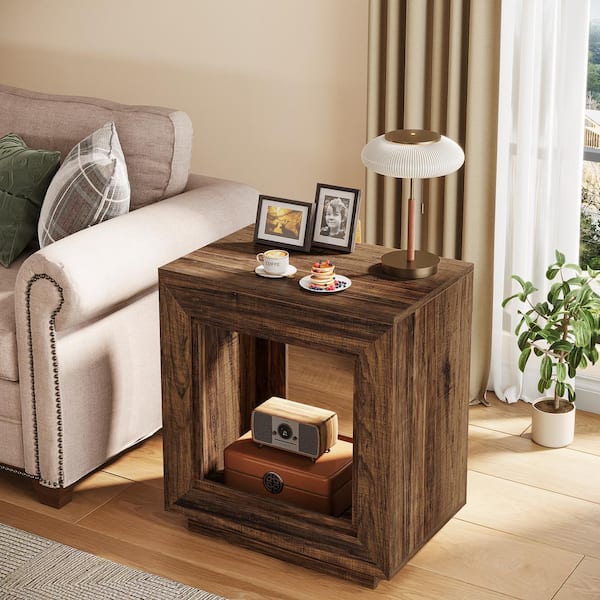 BYBLIGHT Kerlin 23.62 in. Walnut Rectangular Wood End Table, Nightstand Bedside Table With Storage