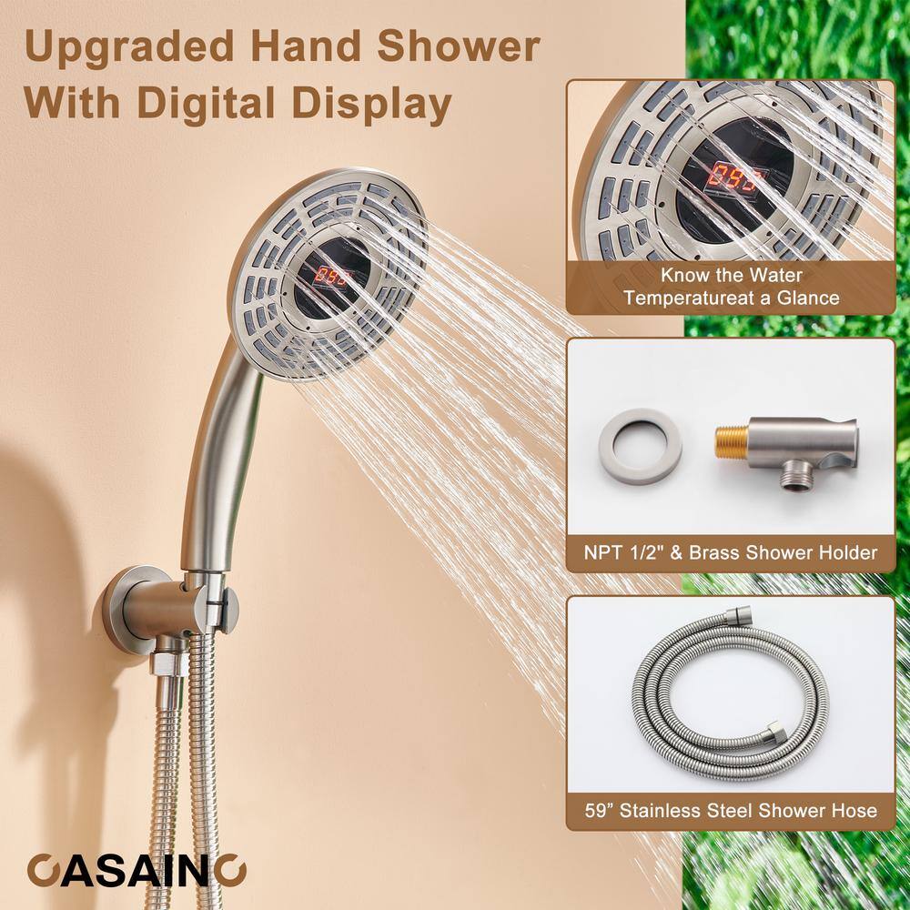 Brushed Nickel Thermostatic Rain Shower System with Digital Display