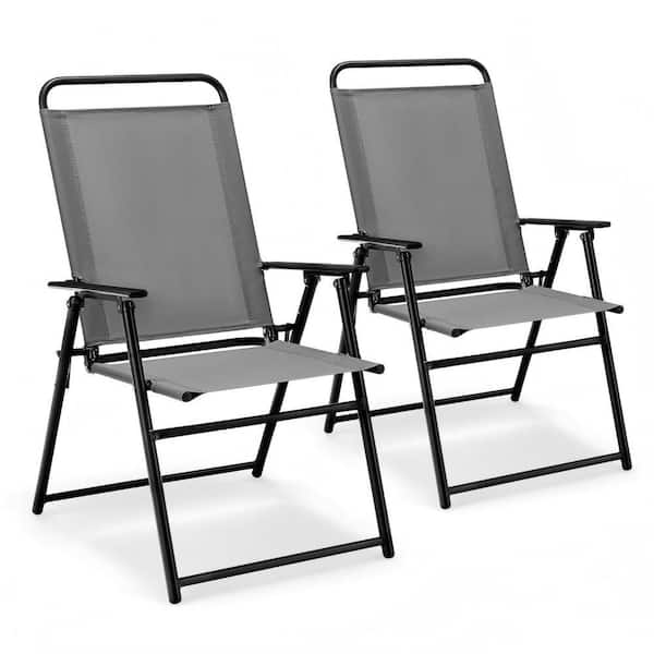 Clihome Set of 2 Outdoor Folding Sling Chairs in Gray with Armrest and Backrest