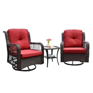 3 Piece Wicker Conversation Set of Outdoor Bistro 360 Degree Swivel Rocking Chair Set Coffee Table with red Cushion