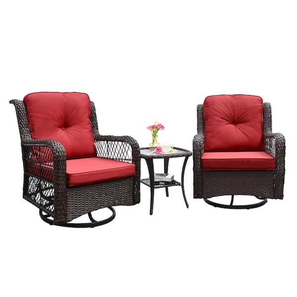 TANKY TRADING INC 3 Piece Wicker Conversation Set of Outdoor Bistro 360 Degree Swivel Rocking Chair Set Coffee Table with red Cushion