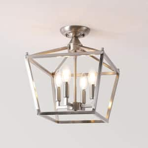 Plains Mini Lantern 12 in. 4-Light Iron Modern Farmhouse LED Flush Mount, Nickel