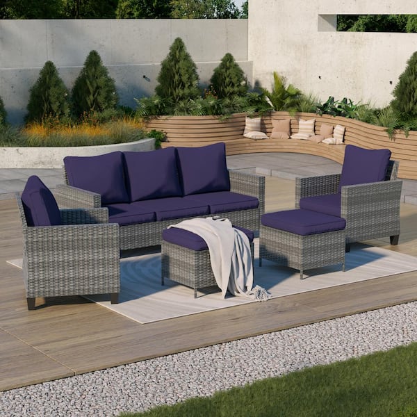 Sonkuki 5-Piece Patio Outdoor Sofa Patio Conversation Set Gray Wicker Frame with Soft Navy Blue Cushions