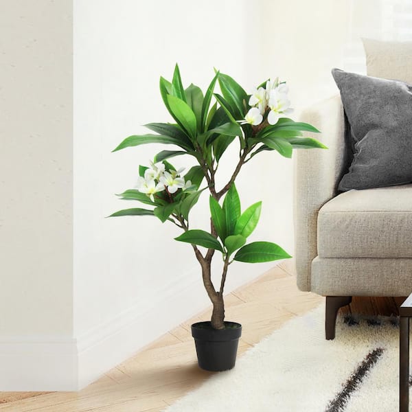 LIVING LUXURY 3 ft. Real Touch Cream White Artificial Plumeria Tree Tropical Plant in Pot