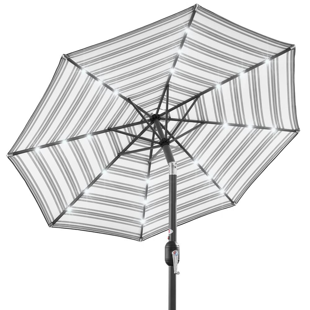 10ft Striped Gray Market Umbrella with Solar LED Lights and Metal Pole