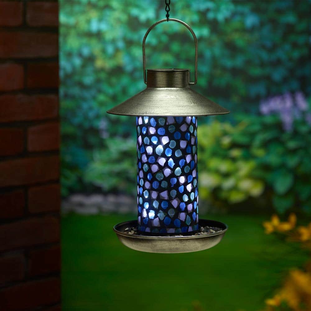 Adelie Blue Mosaic Glass and Metal Hanging Bird Feeder with Solar Light