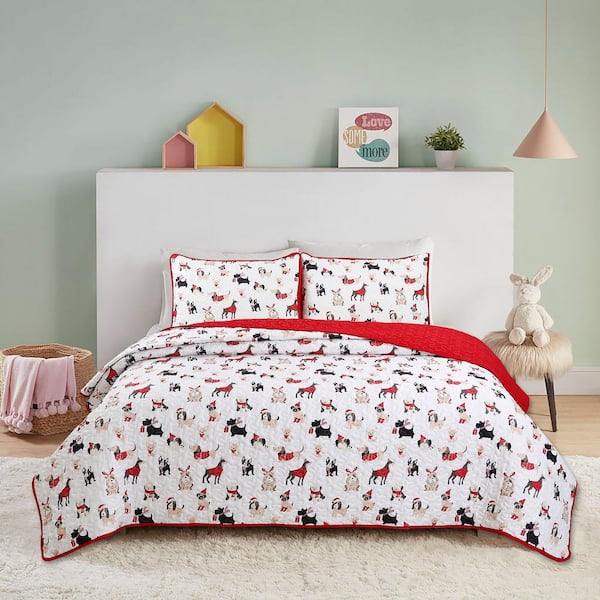 Harper Lane Winter Puppies 3-Piece White Microfiber King Quilt Set
