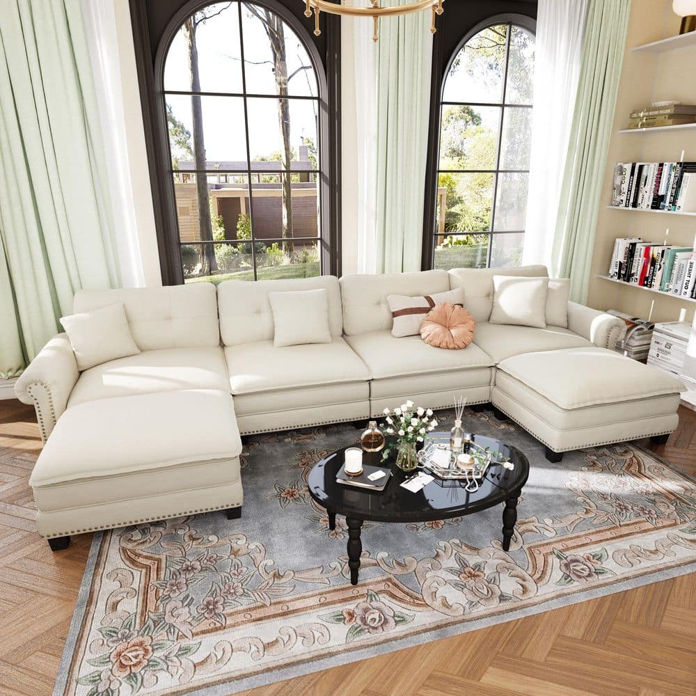 149.6 in. 6-Seat Chenille U-Shaped Modular Sectional Sofa in. Beige with Throw Pillows and Ottoman price history on PriceWatchPro