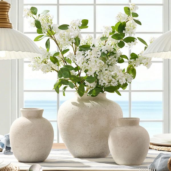 10 in. Rustic Beige Ceramic Tall Pot Decorative Vase Large Waterproof Handcrafted Texture for Living Room Kitchen ID351PH033