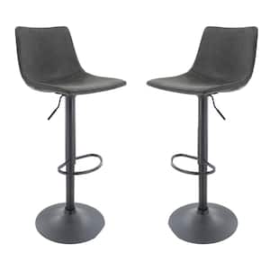 Tilbury Modern Adjustable Leather Bar Stool Black Iron Base with Footrest and 360° Swivel in Charcoal Black (Set of 2)