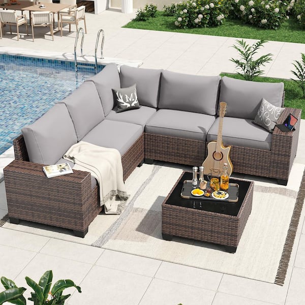 6-Pieces Rattan Brown Wicker Steel Patio Outdoor Sectional Set and Coffee Table with Gray Cushions and Set Covers