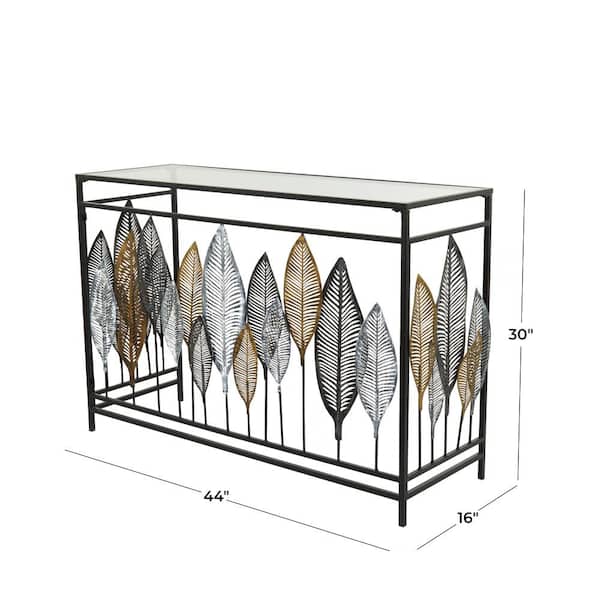 44 in. Black Extra Large Rectangle Metal Leaf Console Table with Mirrored Glass Top