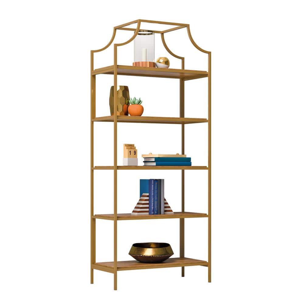 Luxurious Sindoori Mango & Satin Gold 5-Level Open Shelf Bookcase