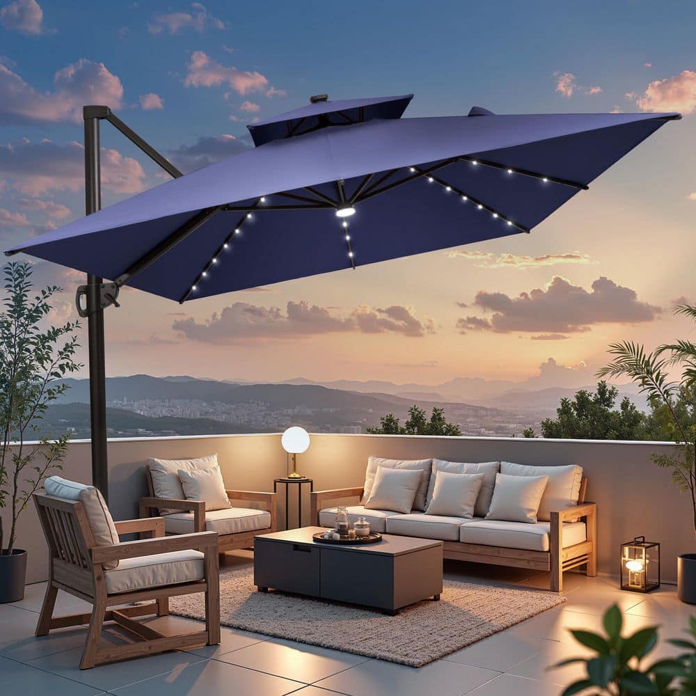 Double Top 13.5 ft. x 10 ft. Heavy-Duty 360°Rotation Solar LED Lighted Cantilever Patio Umbrella in Navy Blue price history on PriceWatchPro