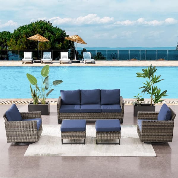 Pocassy 5-Piece Gray Wicker Patio Conversation Swivel Outdoor Rocking Chair Set Sectional Sofa with Blue Cushions