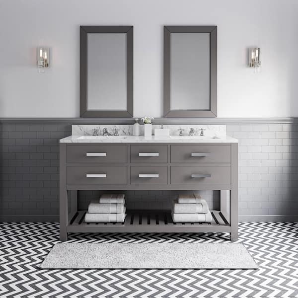 Water Creation 60 in. W x 21.5 in. D Vanity in Cashmere Grey with Marble Vanity Top in Carrara White, 2 Mirrors and Chrome Faucets