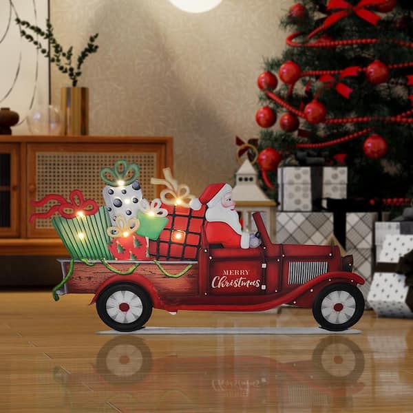 13 in. Red Steel Battery Operated Floor Standing Pre-Lit Christmas Sign with LED Lights