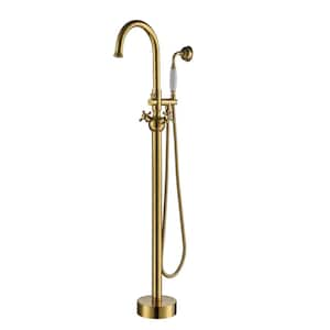 Classic Vintage Floor Mount 3-Handle Freestanding Tub Faucet with Hand Shower and Water Supply Hoses in. Titanium Gold