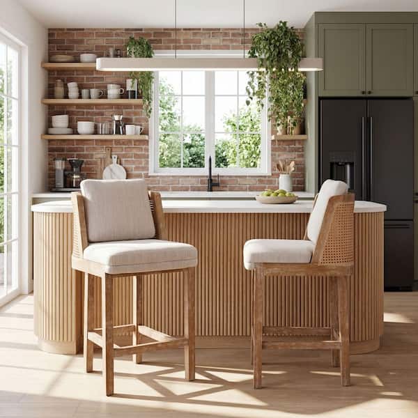Modern 26.5 in. H Natural and Beige Wood Counter Height Cushioned Bar Stools with Rattan Back (Set of 2)