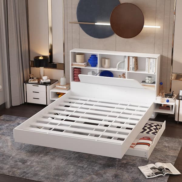 FUFU&GAGA White Wood Frame Queen Size Bed Panel Bed Floating Bed With 4 Drawers, 2 Nightstands, Bookcase Headboard, Sockets, USB