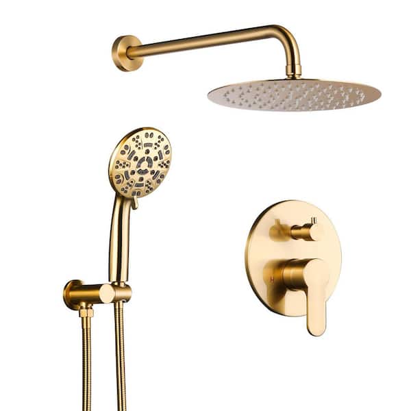 1-Spray Patterns 1.8 GPM 10 in. Wall Mount Rain Fixed Shower Heads with 4.5 in. Hand Showerhead in Brushed Gold