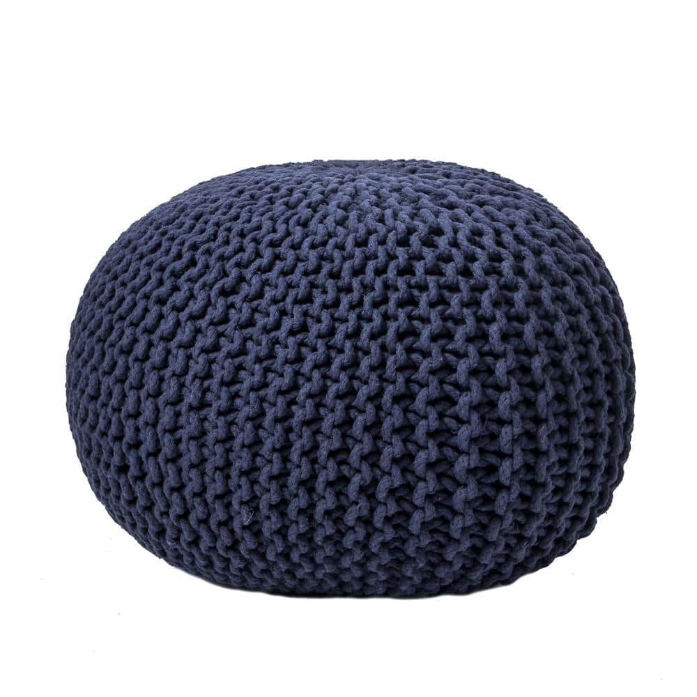 Navy Round Knit Ottoman Pouf
