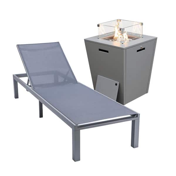 Leisuremod Marlin Modern Grey Aluminum Outdoor Patio Chaise Lounge Chair with Square Fire Pit Table, Dark Grey