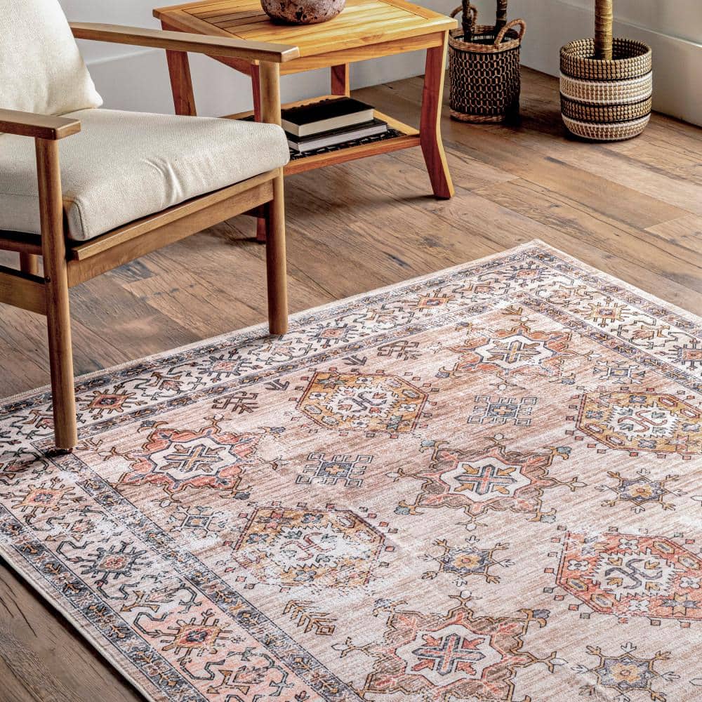 Finley Beige Round Machine Washable Synthetic Area Rug