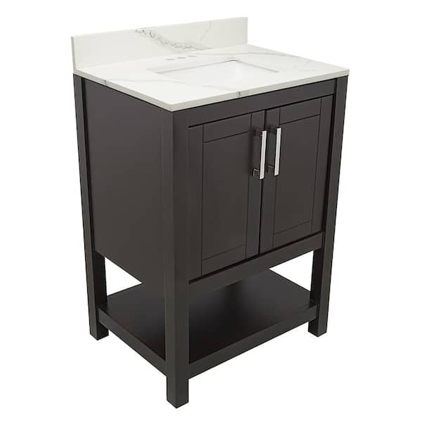 Amluxx Tufino 25 in. W x 19 in. D Bath Vanity in Espresso with Quartz Stone Vanity Top in Calacatta White with White Basin