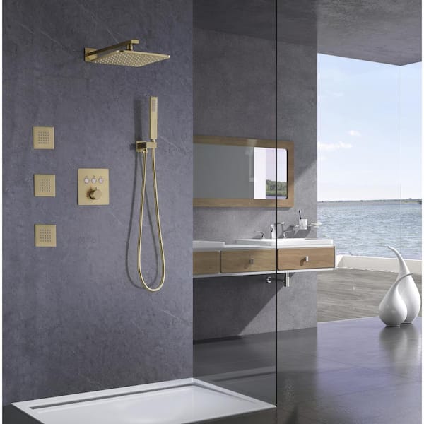 Nestfair 3-Spray Wall Bar Wall Bar Shower Kit with Hand Shower and 3 Body Sprays in Brushed Gold