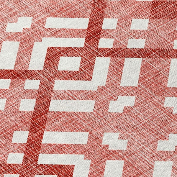 Red, Ivory 8 ft. Round Woven Geometric Polyester Round Indoor/Outdoor Area Rug