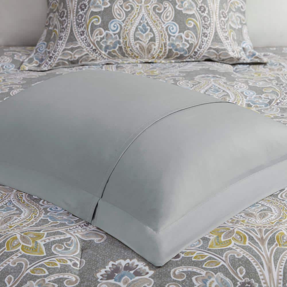 Hallie Damask Grey & Blue Queen Cotton Comforter 6-Piece Set