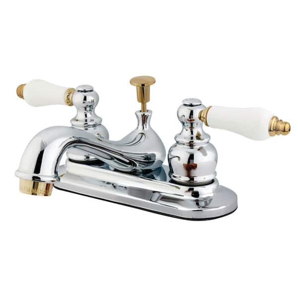 Kingston Brass Restoration 4 in. Centerset 2-Handle Bathroom Faucet with Plastic Pop-Up in Polished Chrome/Polished Brass