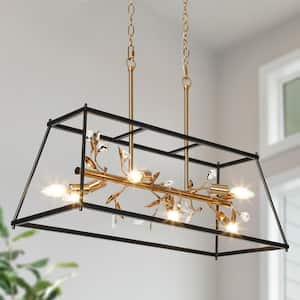31.5 in. W Moden Island Chandelier 6-Light Matte Black and Plating Brass Linear Cage Crystal Chandelier for Kitchen