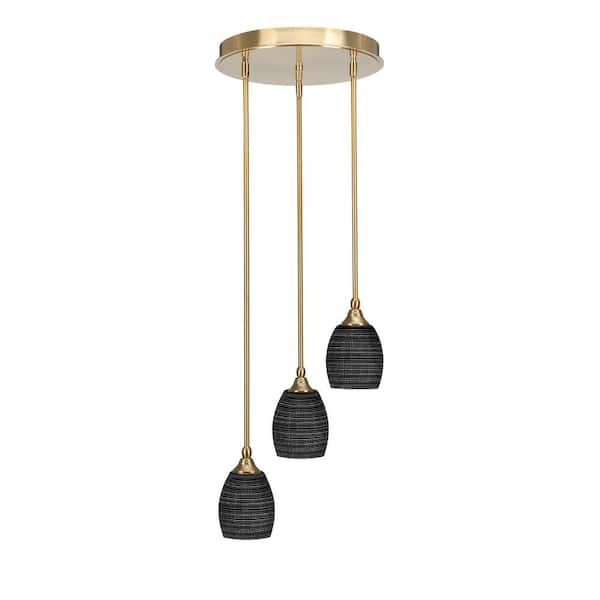 Unbranded Villa 60-Watt in. 3 Light New Age Brass Stem Pendant Light with 5 in. Black Matrix Glass Shade, No bulbs included