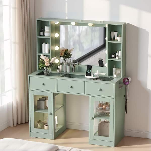 1-piece Green Particle Board Makeup Vanity Table with Dimmable Light Bulbs 3-Drawer 2-Glass Door Left-Right 2-Tier Shelf