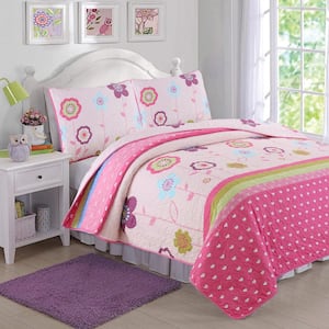 Little Heart Garden Flowers 3-Piece Pink Purple Blue Polyester Queen Quilt Bedding Set