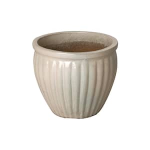 13 in. Pearl White Round Ceramic Planter with Ridges